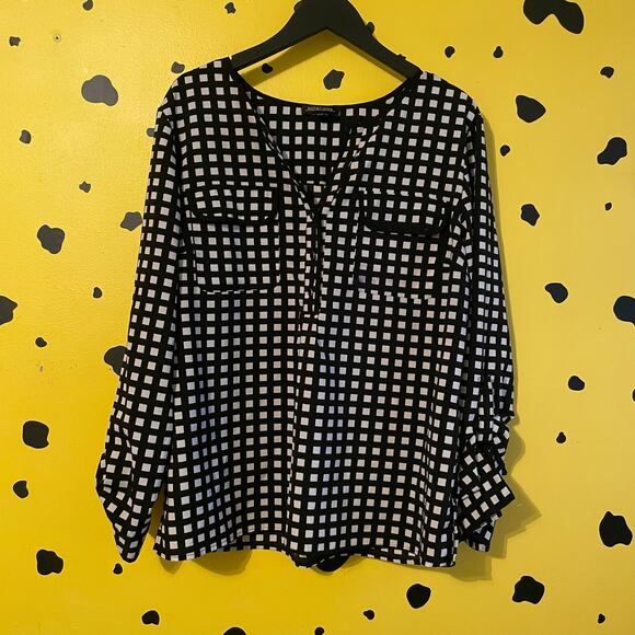 Black & White Grid Print Blouse | Roll Tab Sleeve | Minimalist Chic - Picture 1 of 6